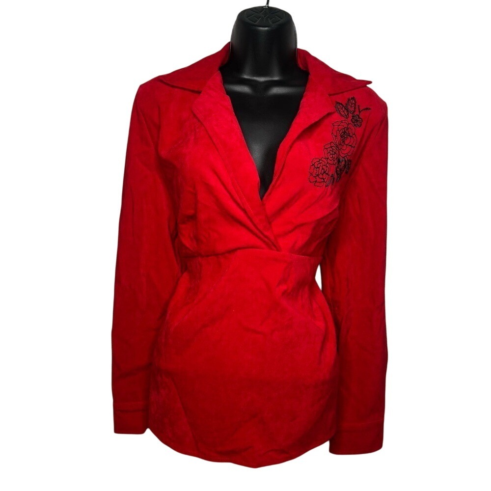 Motherhood Maternity Red Faux Suede Floral Embroidered Wrap Top Small